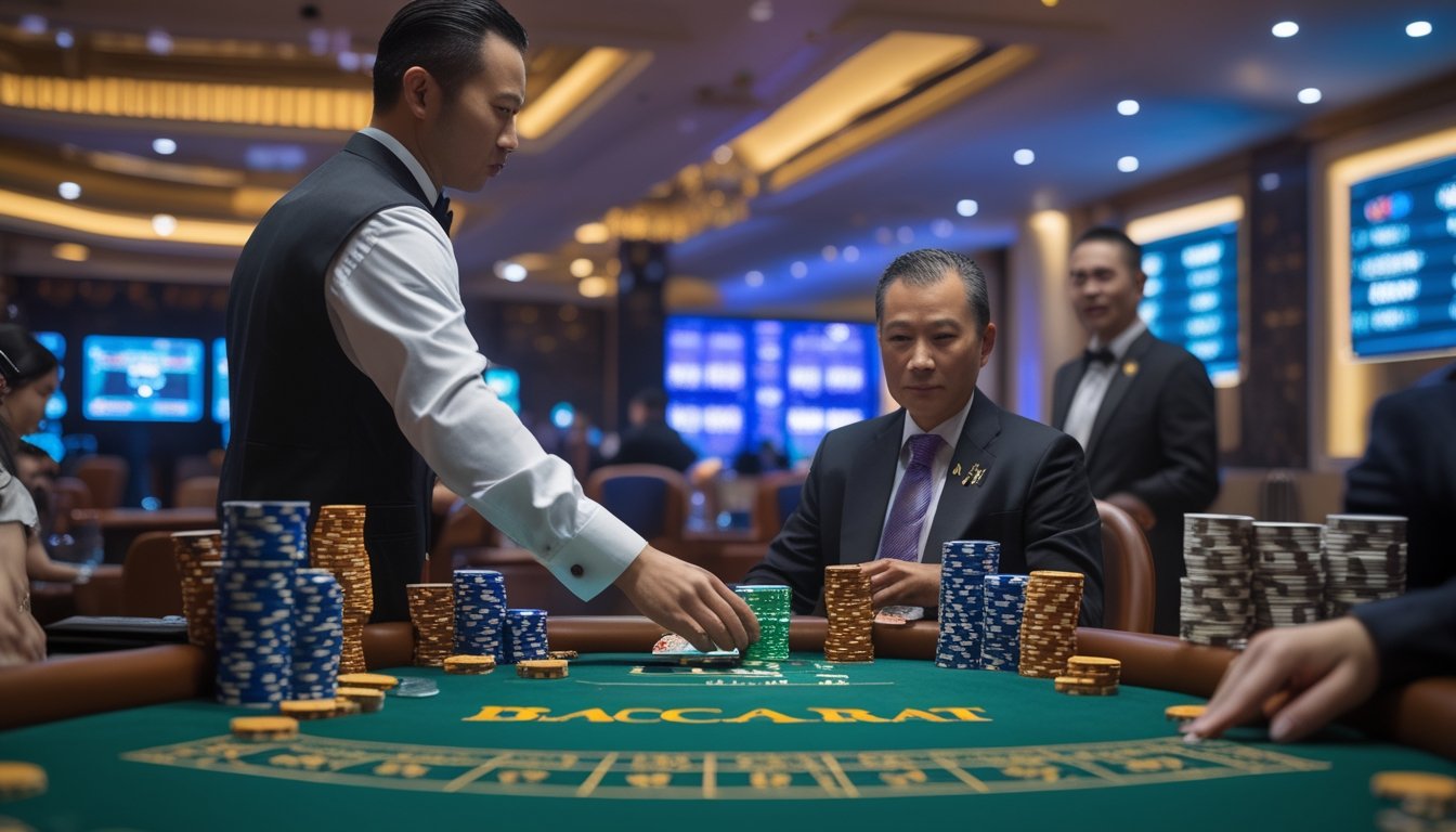 Seorang dealer di meja Baccarat dengan pemain di kasino langsung yang mewah dan modern.