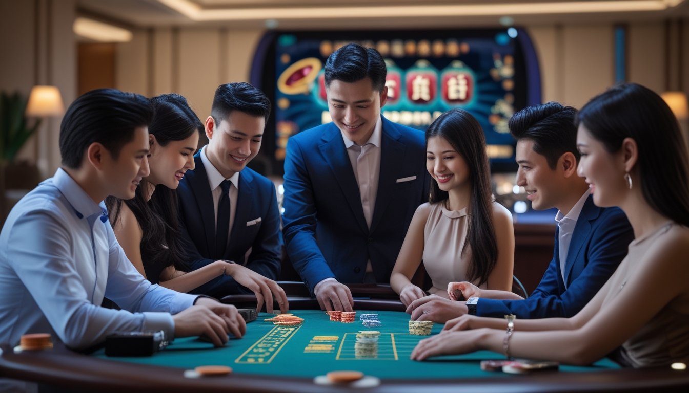 Sejumlah orang bermain di meja kasino langsung dengan suasana yang modern dan elegan, menampilkan suasana kasino Asia yang terpercaya dan terjangkau.