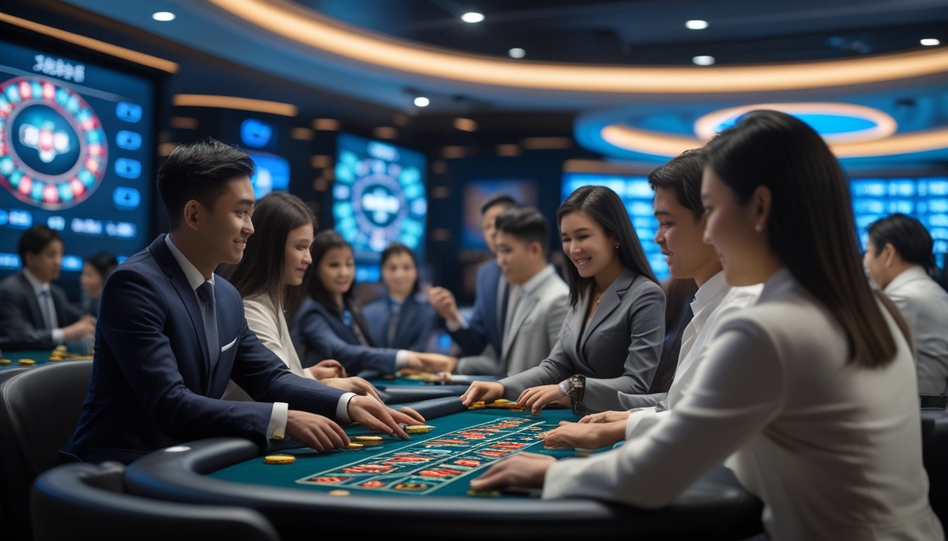 Sejumlah orang Asia bermain permainan kasino langsung di meja kasino yang modern dan terang dengan suasana profesional dan menyenangkan.