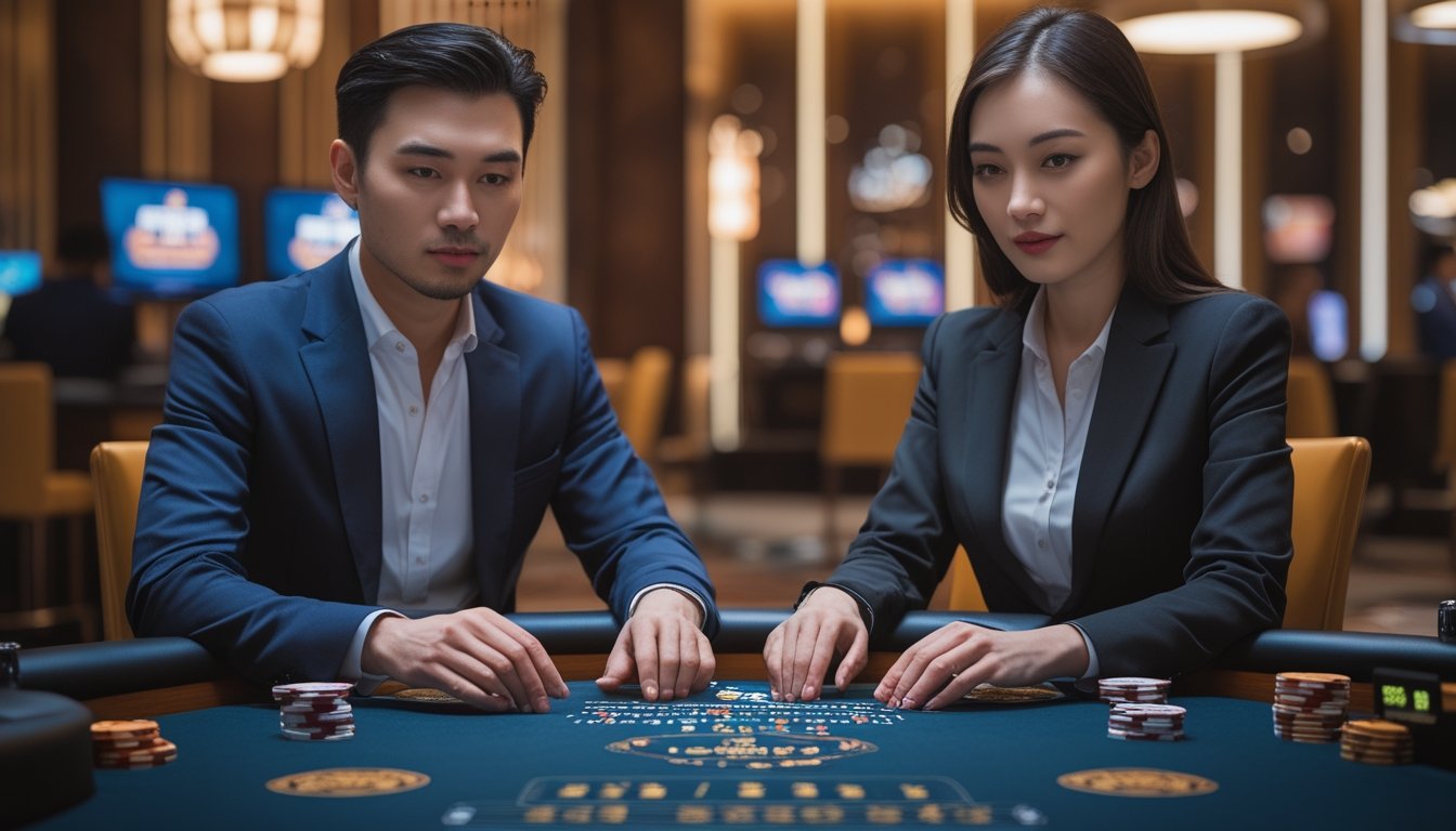 Dua pemain Asia duduk di meja kasino langsung, fokus dan strategis bermain dengan suasana kasino yang modern dan aman.