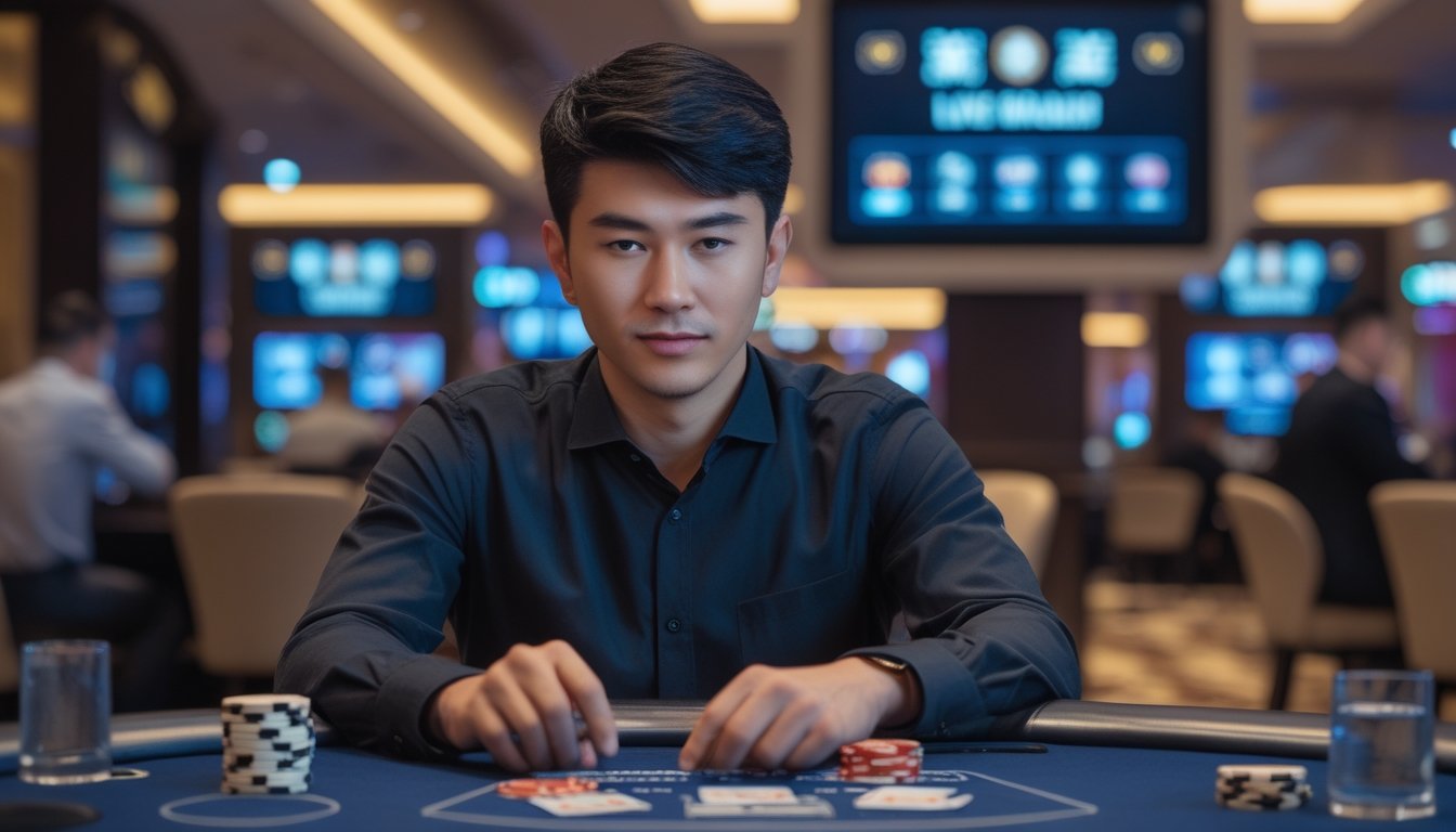 Seorang pria Asia duduk di meja kasino langsung dengan kartu dan chip, terlihat fokus dan strategis dalam suasana kasino yang modern dan terang.