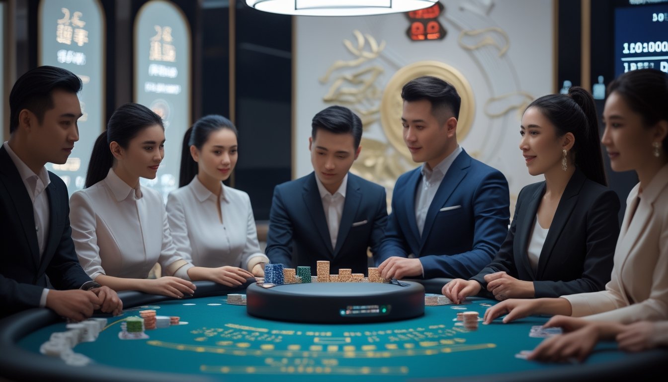 Seorang dealer dan pemain Asia sedang bermain di meja kasino langsung dengan suasana profesional dan pencahayaan hangat.