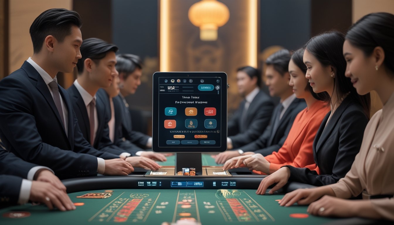 Suasana kasino langsung di Asia dengan pemain dan dealer yang sedang bermain di meja kasino modern, menampilkan sistem permainan yang adil dan transparan.