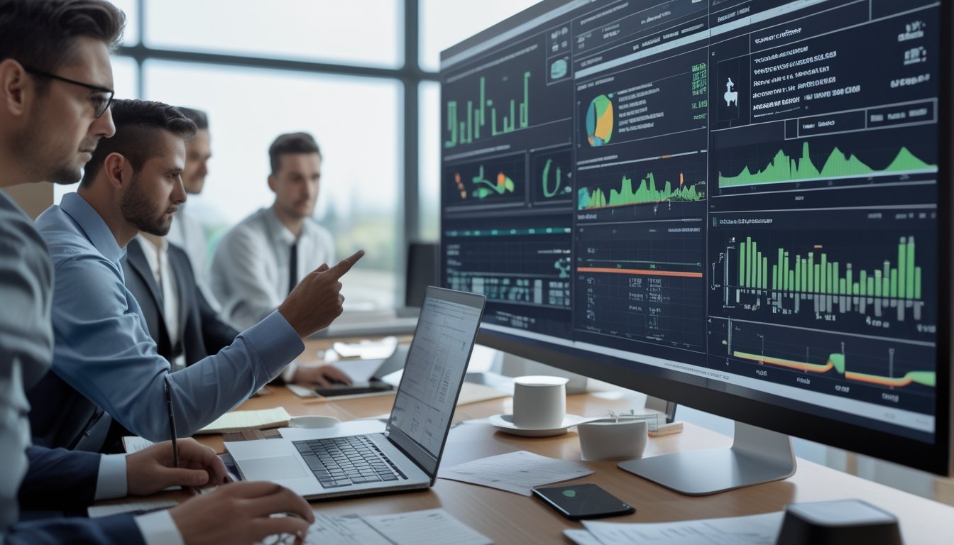 Sekelompok profesional sedang menganalisis data balap kuda di kantor dengan layar besar yang menampilkan grafik dan statistik performa joki dan kuda.