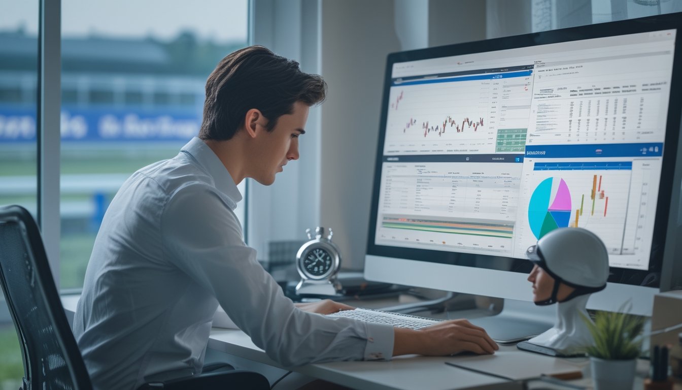 Seseorang sedang menganalisis data balap kuda di depan komputer dengan perlengkapan balap kuda di meja.