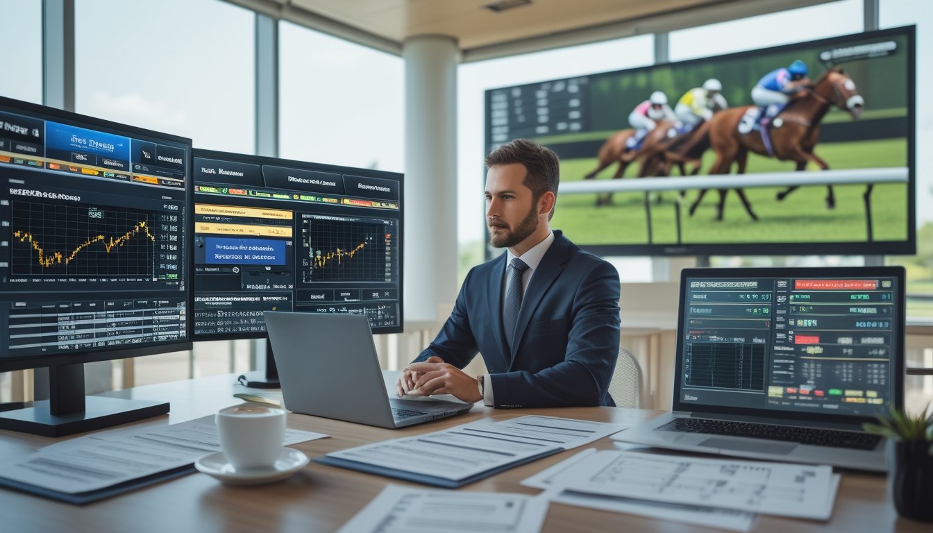 Seorang analis duduk di meja dengan layar komputer menampilkan statistik balap kuda dan grafik odds, di latar belakang tampak layar besar yang menunjukkan balapan kuda sedang berlangsung.