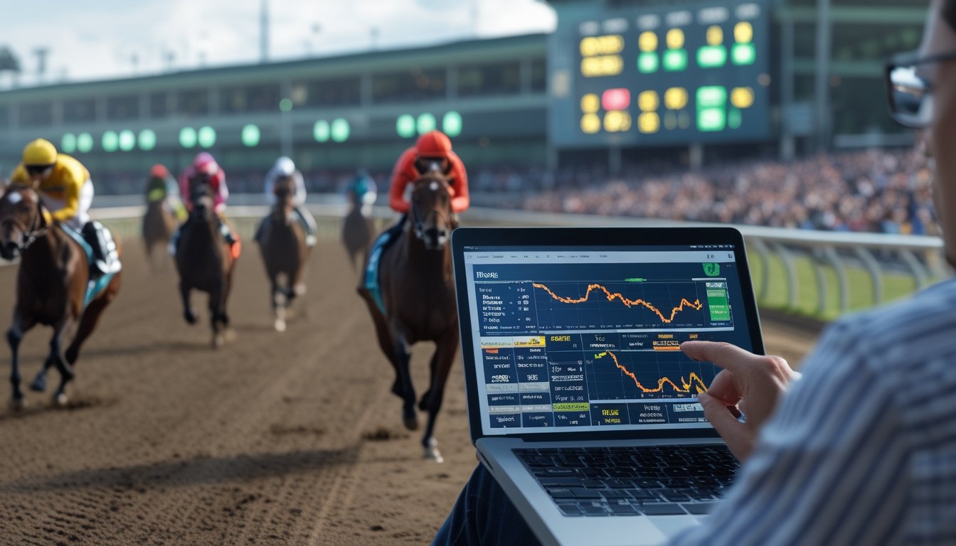 Seorang analis memeriksa data odds dan handicap balap kuda di tablet dengan latar belakang kuda dan joki yang sedang berlomba di lintasan balap.