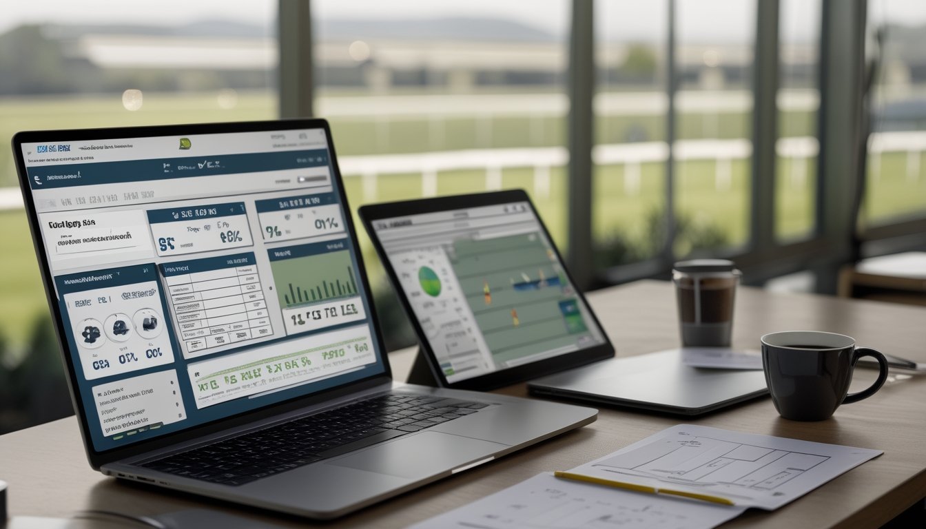 Seorang profesional bekerja dengan laptop dan tablet yang menampilkan data cuaca dan statistik balap kuda di depan jendela dengan pemandangan trek balap kuda.