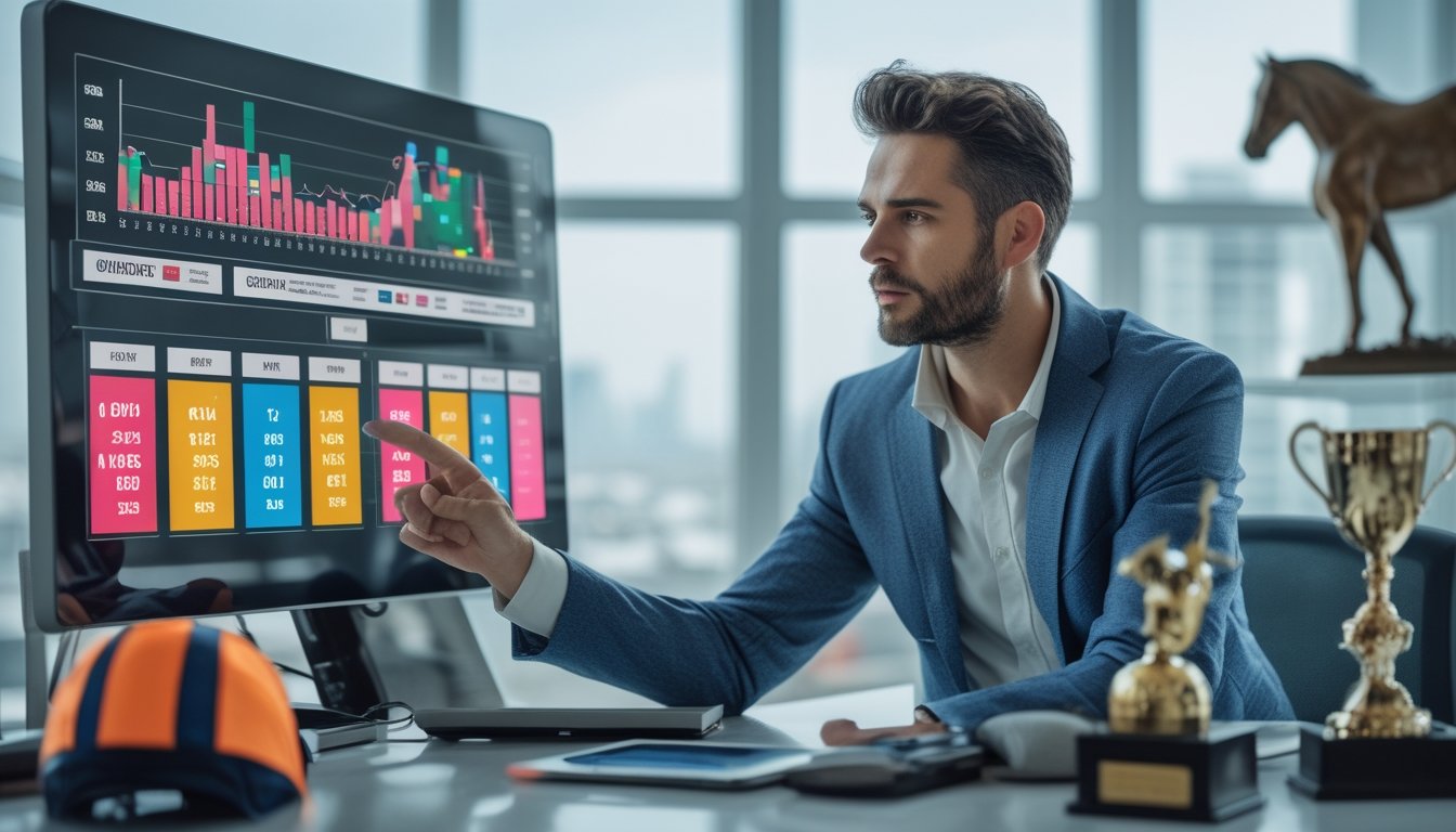 Seorang pria sedang menganalisis data statistik balap kuda di layar digital di dalam ruangan kantor.