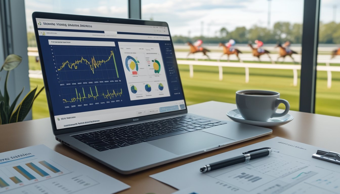 Meja kerja dengan laptop yang menampilkan grafik statistik balap kuda, kertas data, pena, dan secangkir kopi dengan latar belakang lintasan balap kuda dan kuda yang sedang berlari.