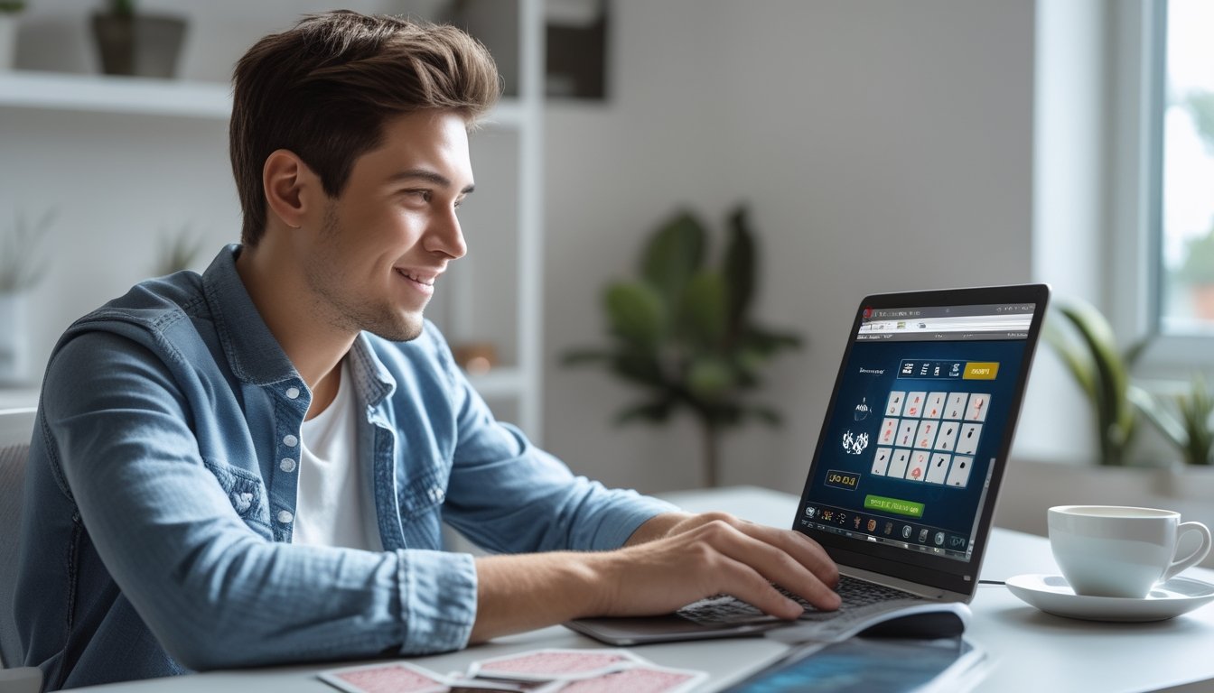 Seorang dewasa muda duduk di meja dengan laptop, bermain permainan kartu online dengan tumpukan chip poker di meja.