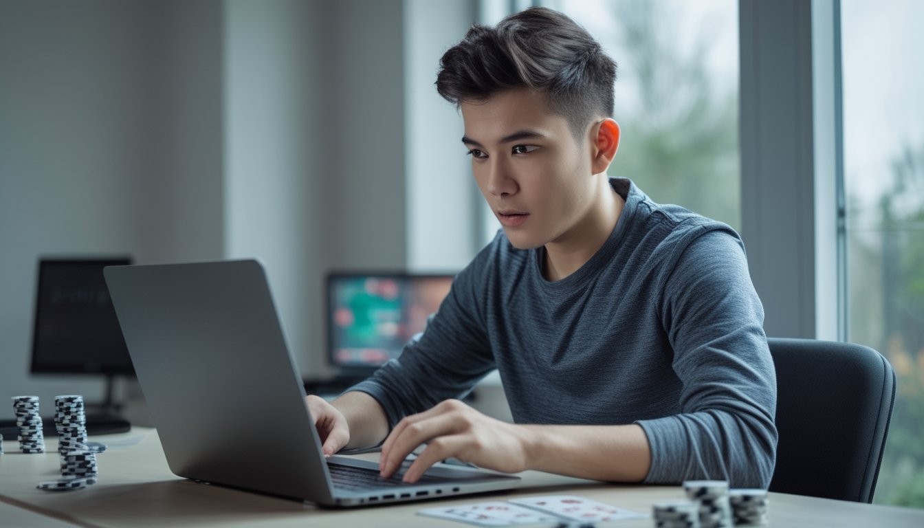 Seorang pria muda fokus bermain permainan kartu online di laptop dengan kartu dan chip poker di meja.