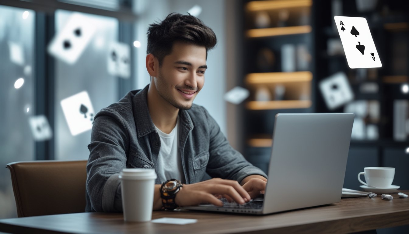Seorang pria muda duduk di meja dengan laptop, fokus bermain permainan kartu online di ruangan yang nyaman dan terang.