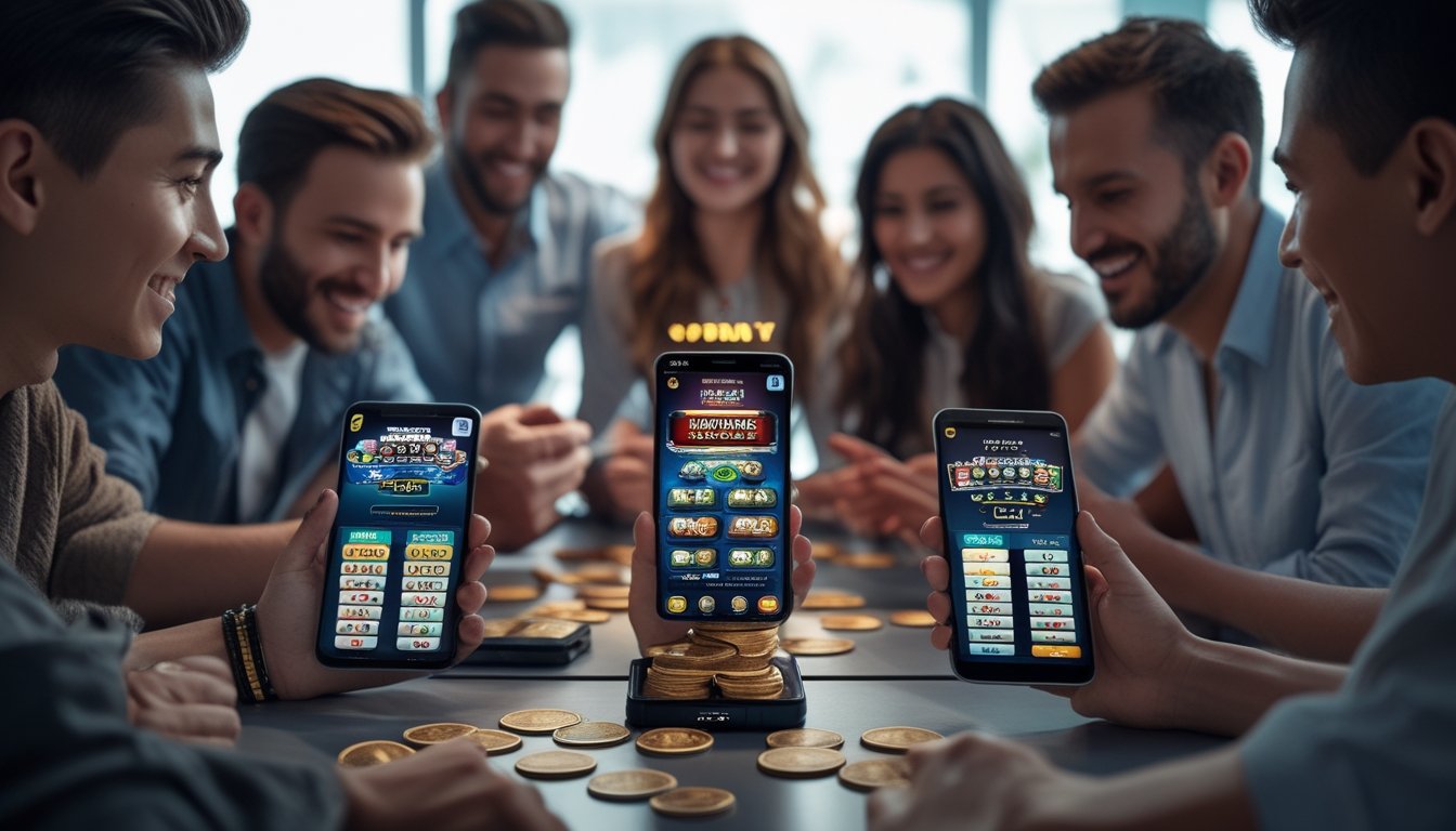Sekelompok orang bermain permainan kartu online di sekitar meja dengan perangkat digital, satu orang terlihat senang karena menang besar.