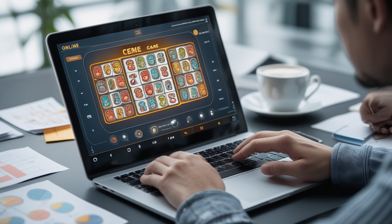 Seseorang menggunakan laptop untuk bermain permainan Ceme online dengan tampilan domino digital di layar.