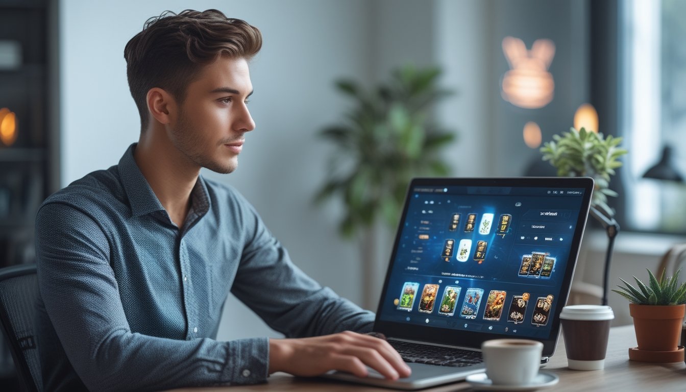 Seorang pria muda duduk di meja dengan laptop, fokus bermain permainan kartu online di ruang kerja yang nyaman.