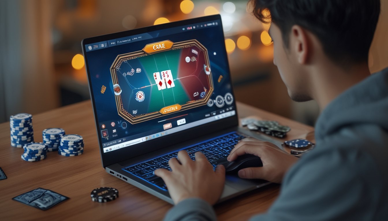 Seorang pemuda sedang bermain permainan Ceme online di laptop di atas meja kayu dengan suasana ruangan yang hangat.