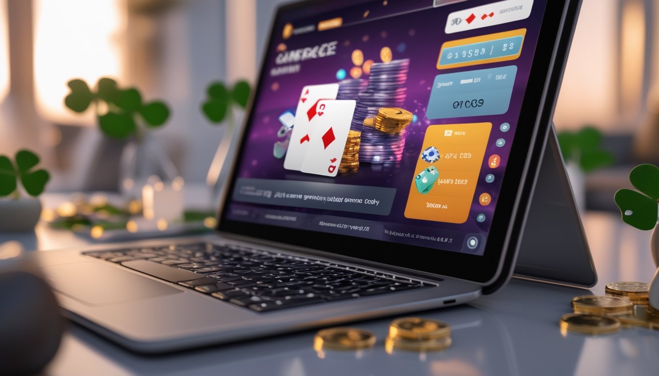 Layar komputer menampilkan permainan kartu online dengan kartu dan chip di atas meja, dikelilingi oleh simbol keberuntungan seperti daun semanggi dan koin emas.
