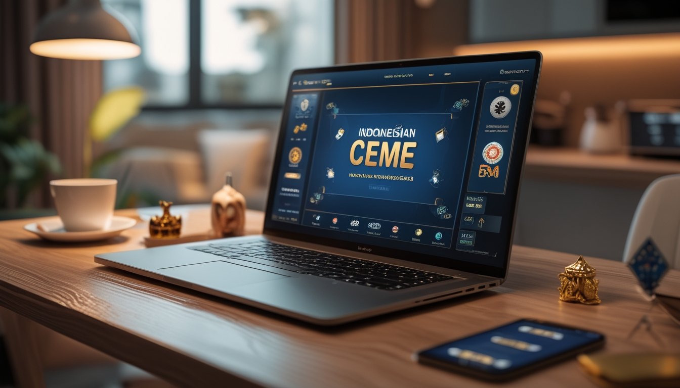 Seorang pemain sedang bermain permainan Ceme online di laptop di ruang kerja yang nyaman dengan pencahayaan hangat.
