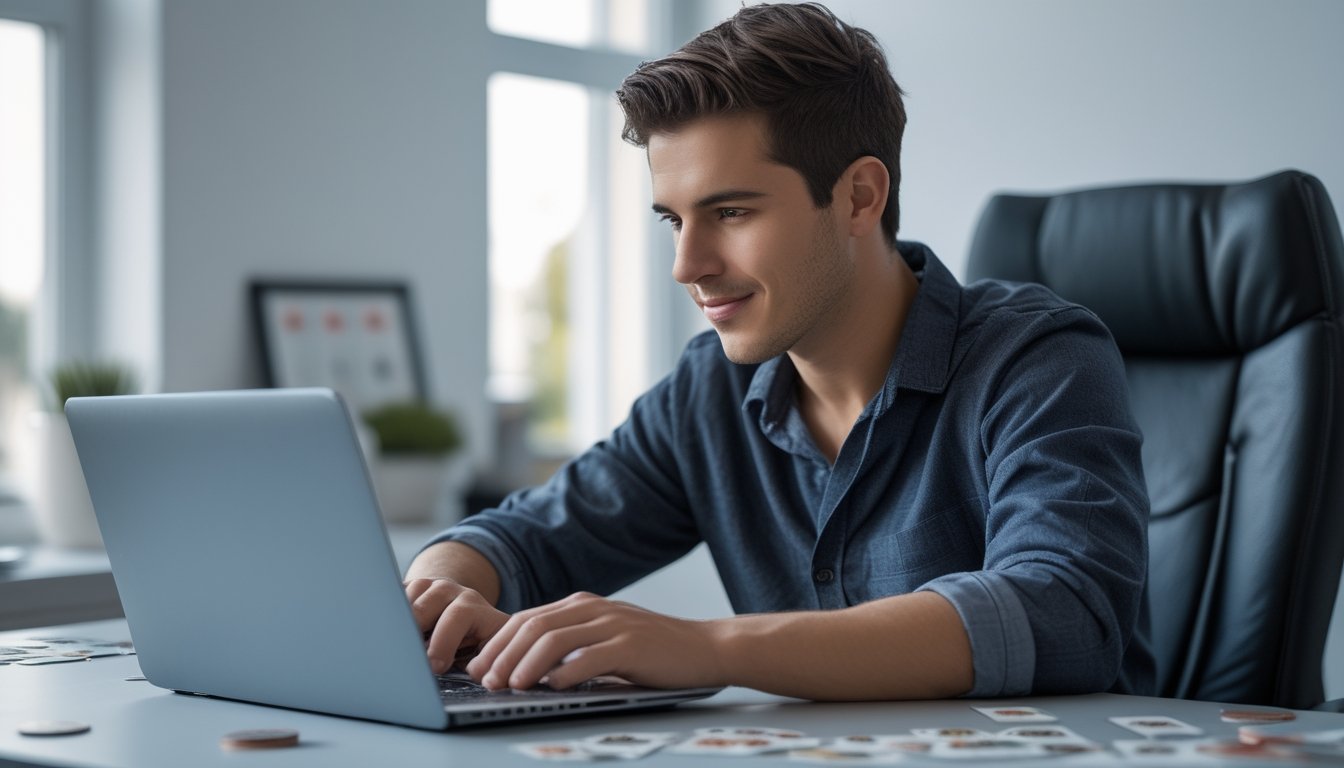 Seorang pria muda duduk di meja dengan laptop, fokus bermain permainan kartu online di ruangan yang terang dan rapi.