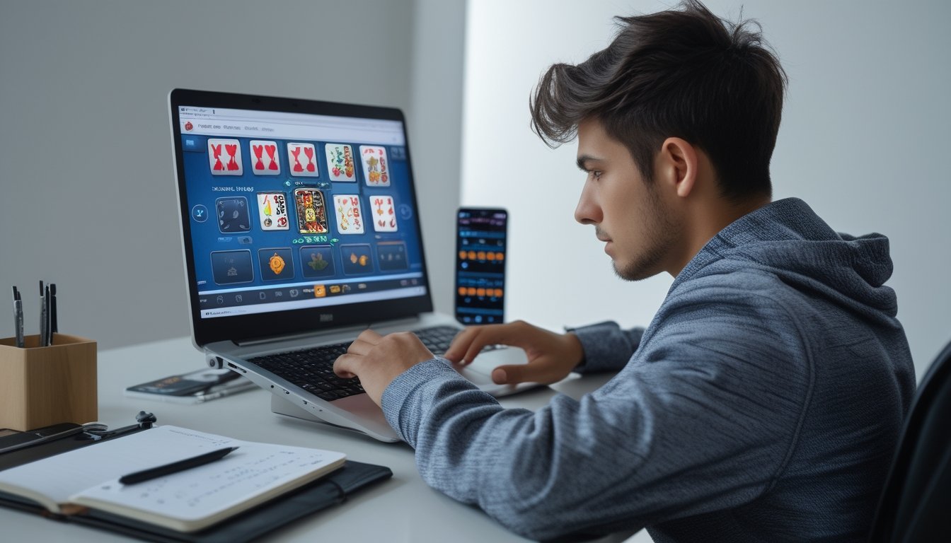 Seorang pria muda fokus bermain permainan kartu online di laptop dengan suasana ruang kerja yang rapi dan terang.
