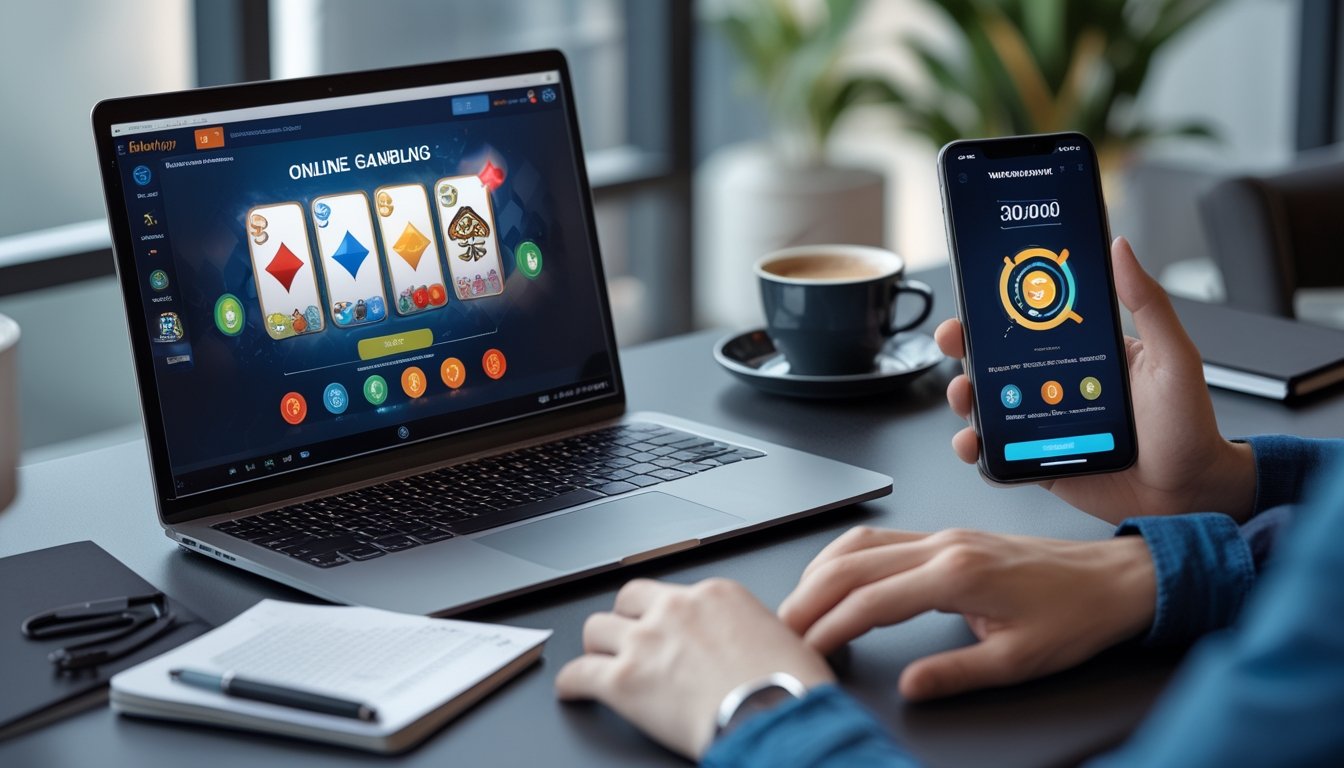 Seseorang menggunakan laptop dan ponsel untuk bermain permainan kartu online dengan suasana kerja yang rapi dan nyaman.