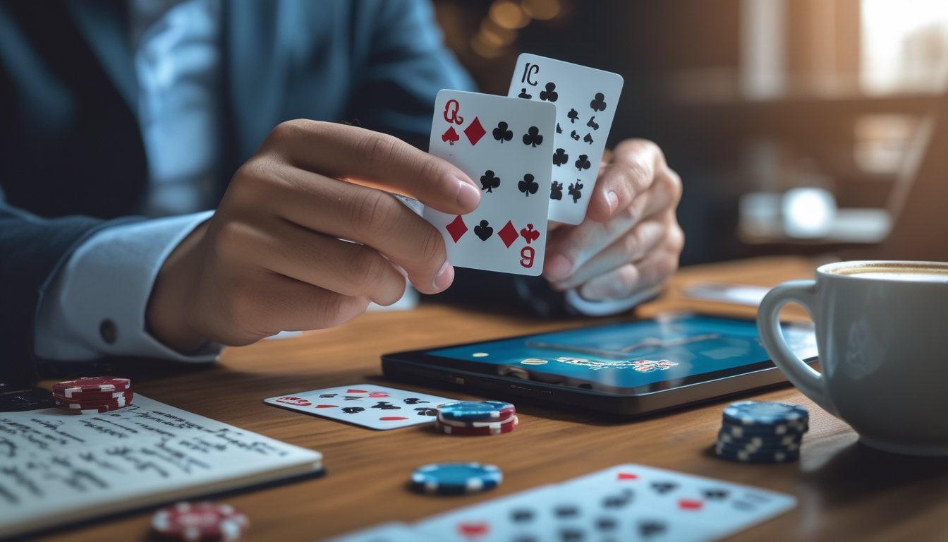 Tangan seseorang memegang kartu domino di depan layar perangkat digital yang menampilkan permainan Ceme online dengan suasana fokus dan strategis.