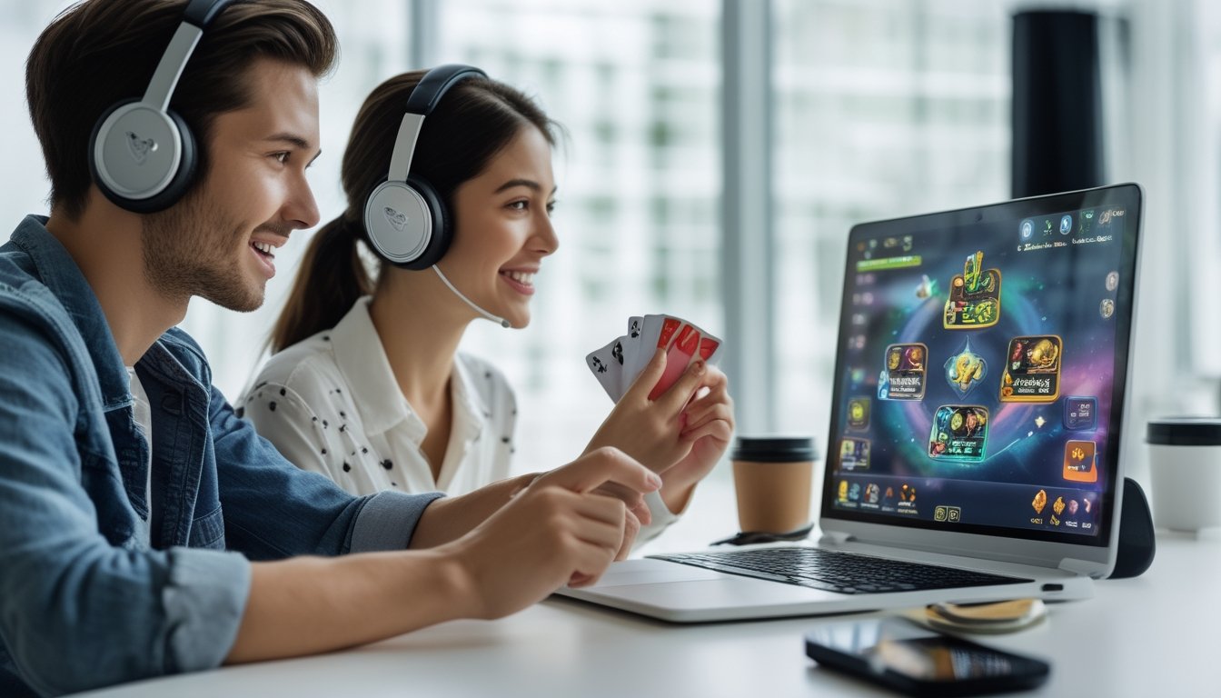 Dua orang muda duduk di meja bermain permainan kartu online menggunakan laptop dengan ekspresi fokus dan antusias.