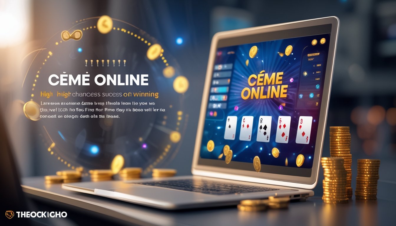 Seorang pengguna sedang bermain permainan kartu online di depan komputer dengan koin emas dan chip poker di sekitarnya, menunjukkan suasana kemenangan dan peluang tinggi.