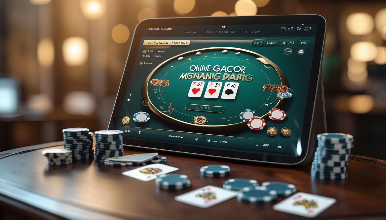 Sebuah layar komputer menampilkan permainan Ceme online dengan tumpukan chip poker dan kartu di atas meja kayu.