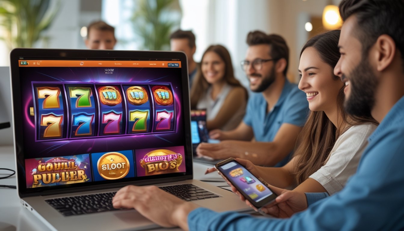 Beberapa orang sedang bermain permainan slot online di laptop dengan latar ruangan yang terang dan nyaman.