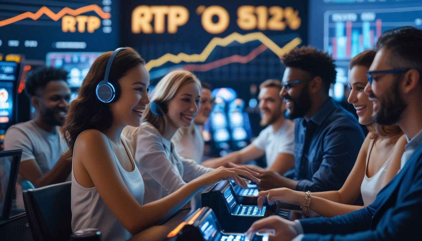 Beberapa orang sedang bermain slot online dengan perangkat komputer dan ponsel di lingkungan gaming modern.