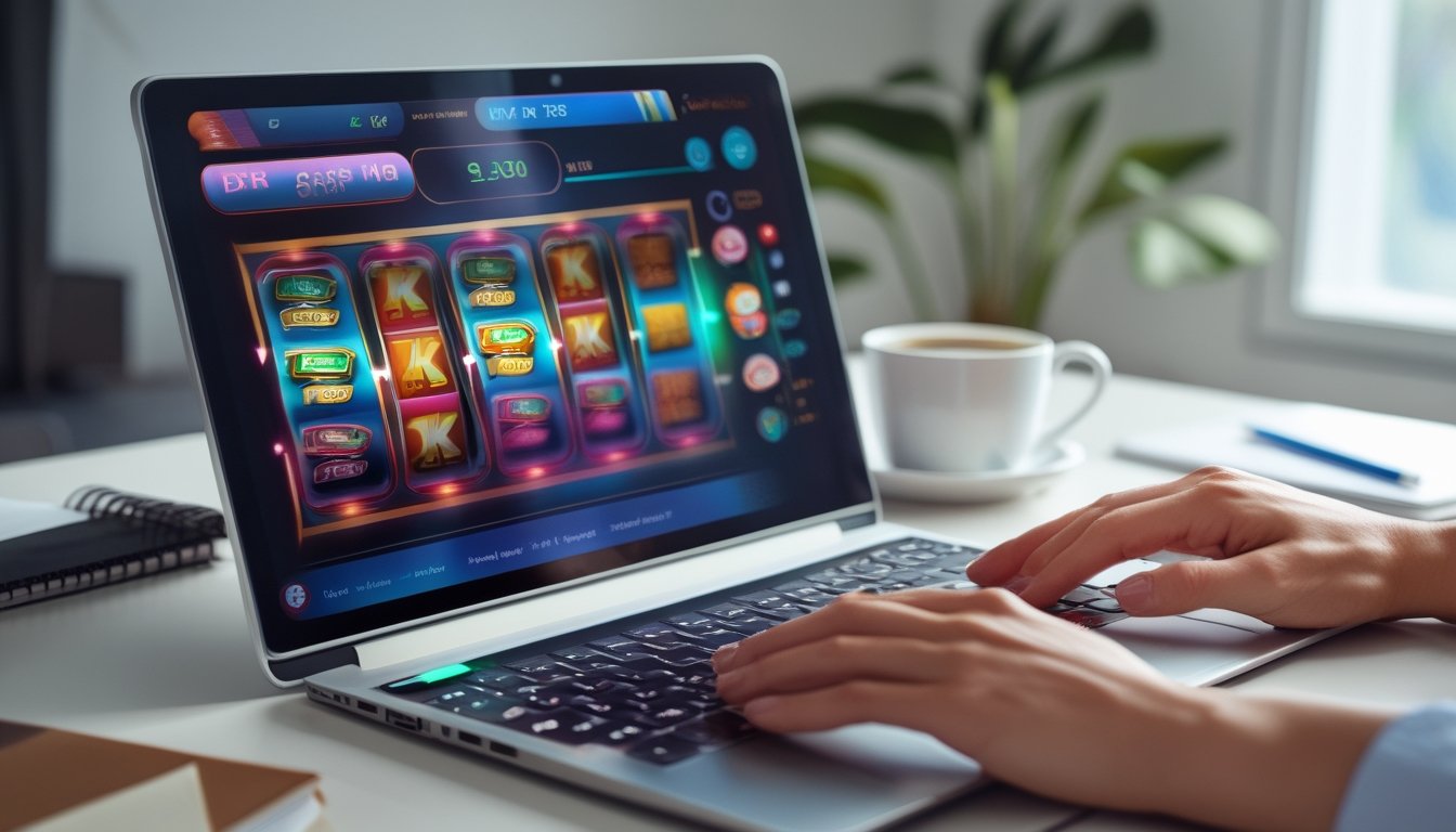 Seseorang bermain permainan slot online di komputer dengan latar ruang kerja yang terang dan rapi.