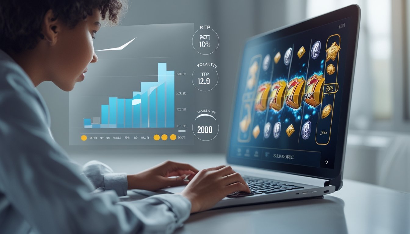 Seseorang sedang menggunakan laptop dengan tampilan mesin slot online berwarna-warni dan grafik statistik di sekitar perangkat.