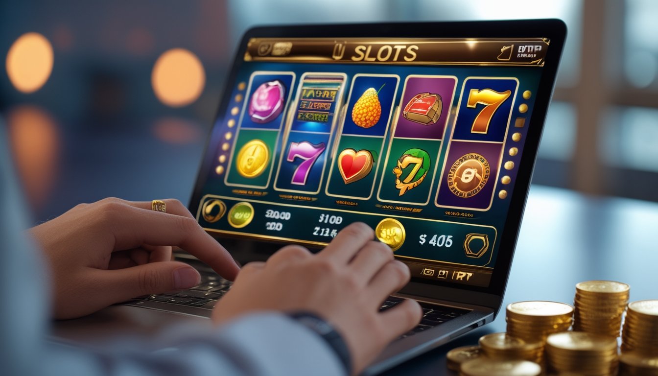 Tangan seseorang sedang menggunakan perangkat digital yang menampilkan permainan slot warna-warni dengan ikon buah dan koin emas.