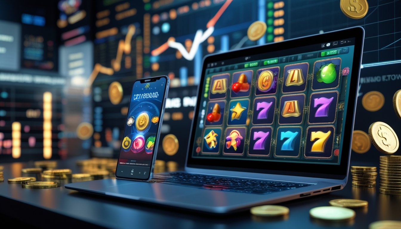 Seorang pengguna duduk di depan laptop dan ponsel yang menampilkan permainan slot online dengan latar belakang grafik dan simbol kemenangan.