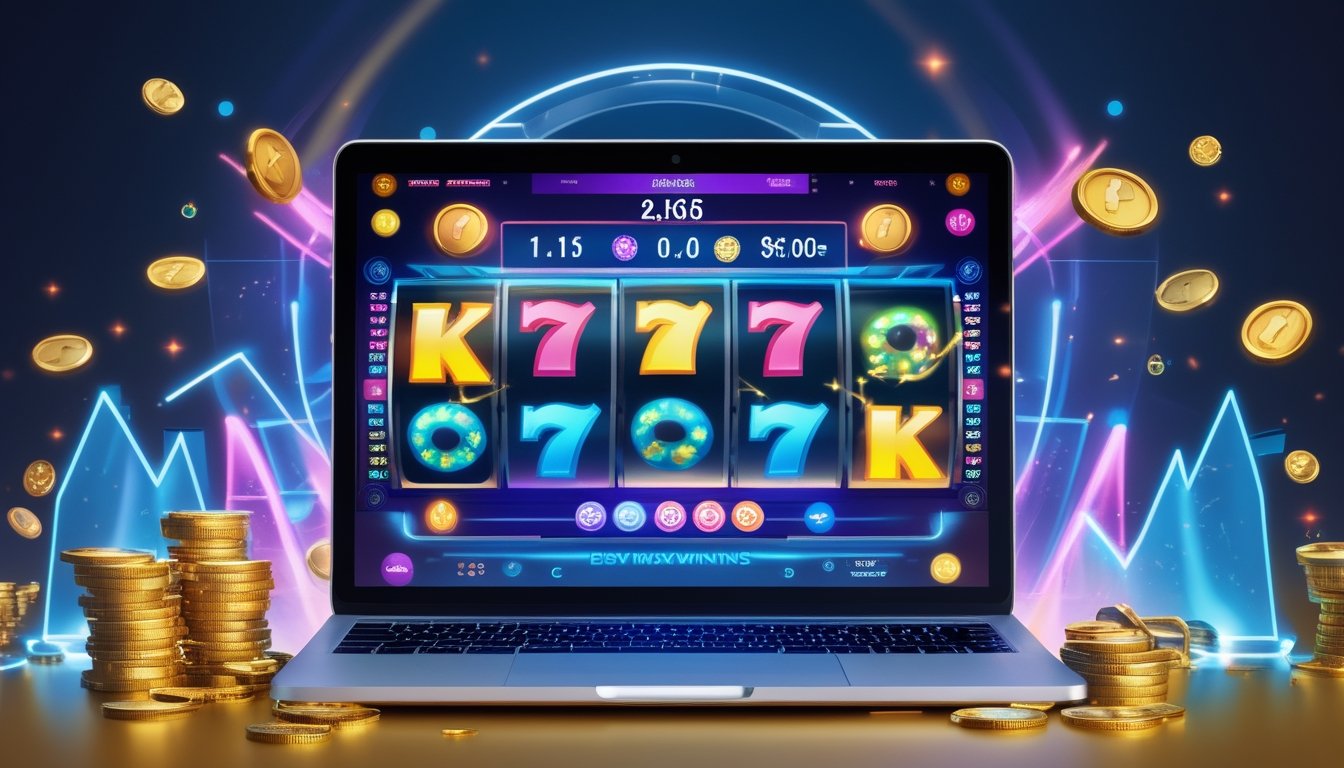 Sebuah komputer menampilkan permainan slot online dengan simbol warna-warni dan koin yang bersinar, menggambarkan suasana kemenangan dan keberuntungan.