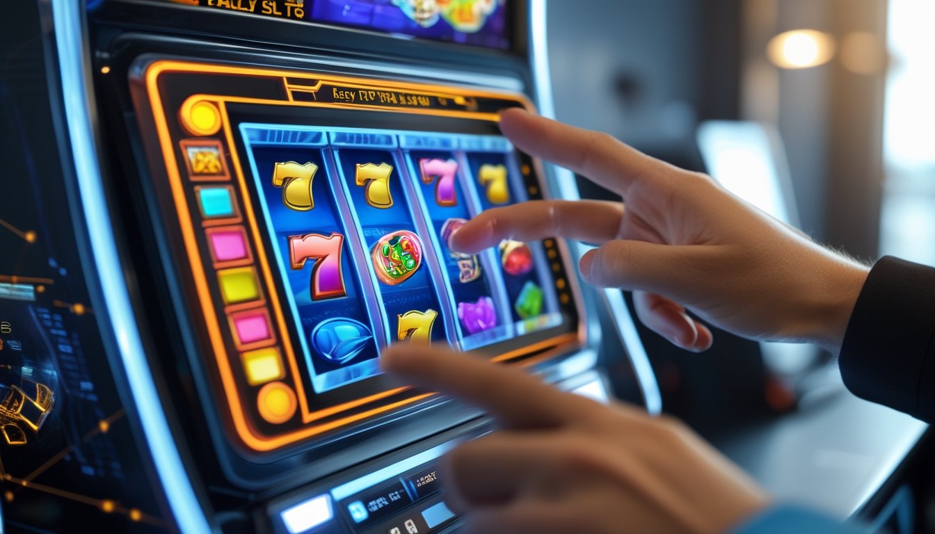 Tangan seseorang menggunakan perangkat layar sentuh yang menampilkan permainan slot online dengan simbol warna-warni dan latar belakang bertema teknologi.
