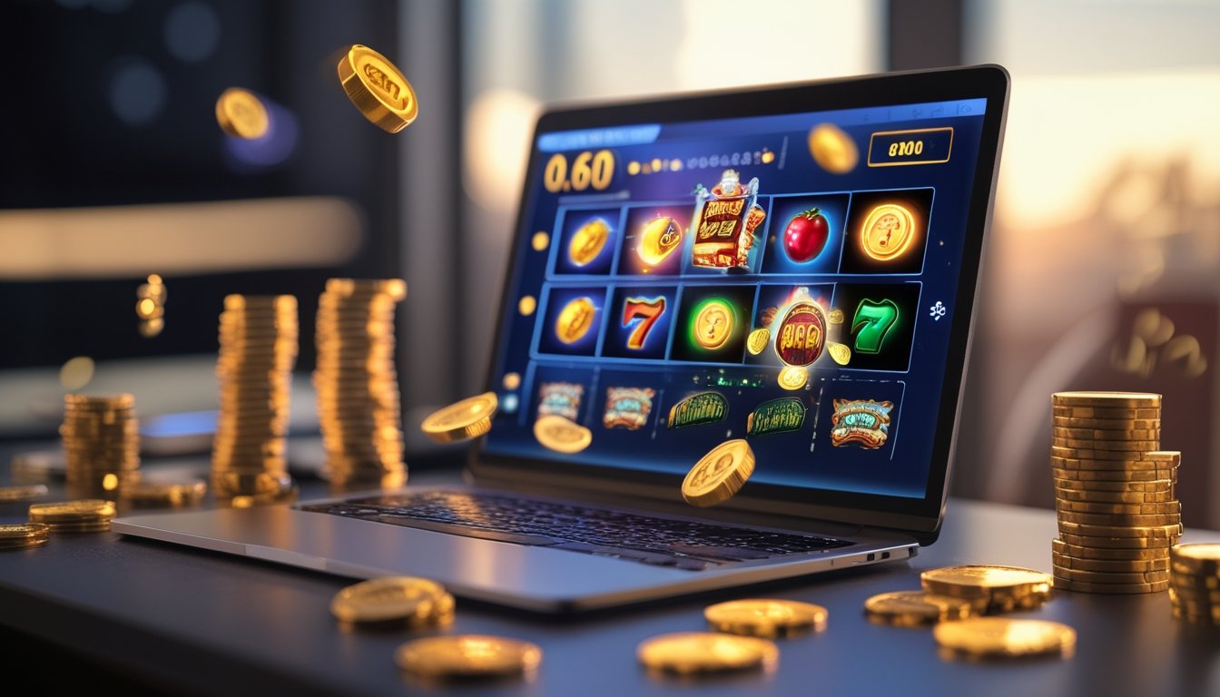 Seorang pengguna sedang bermain mesin slot online di laptop dengan koin emas dan chip kasino di sekitar meja.