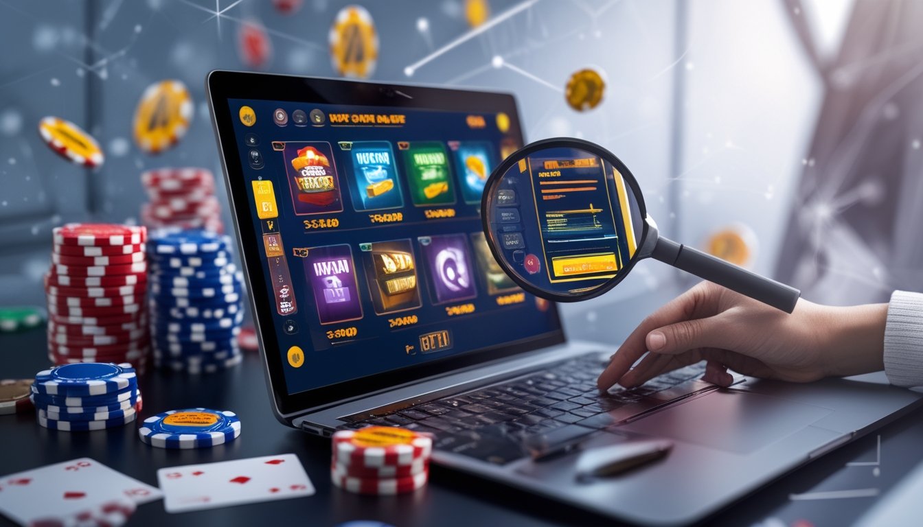 Seorang profesional sedang menganalisis permainan slot online di layar komputer dengan simbol judi dan grafik RTP.