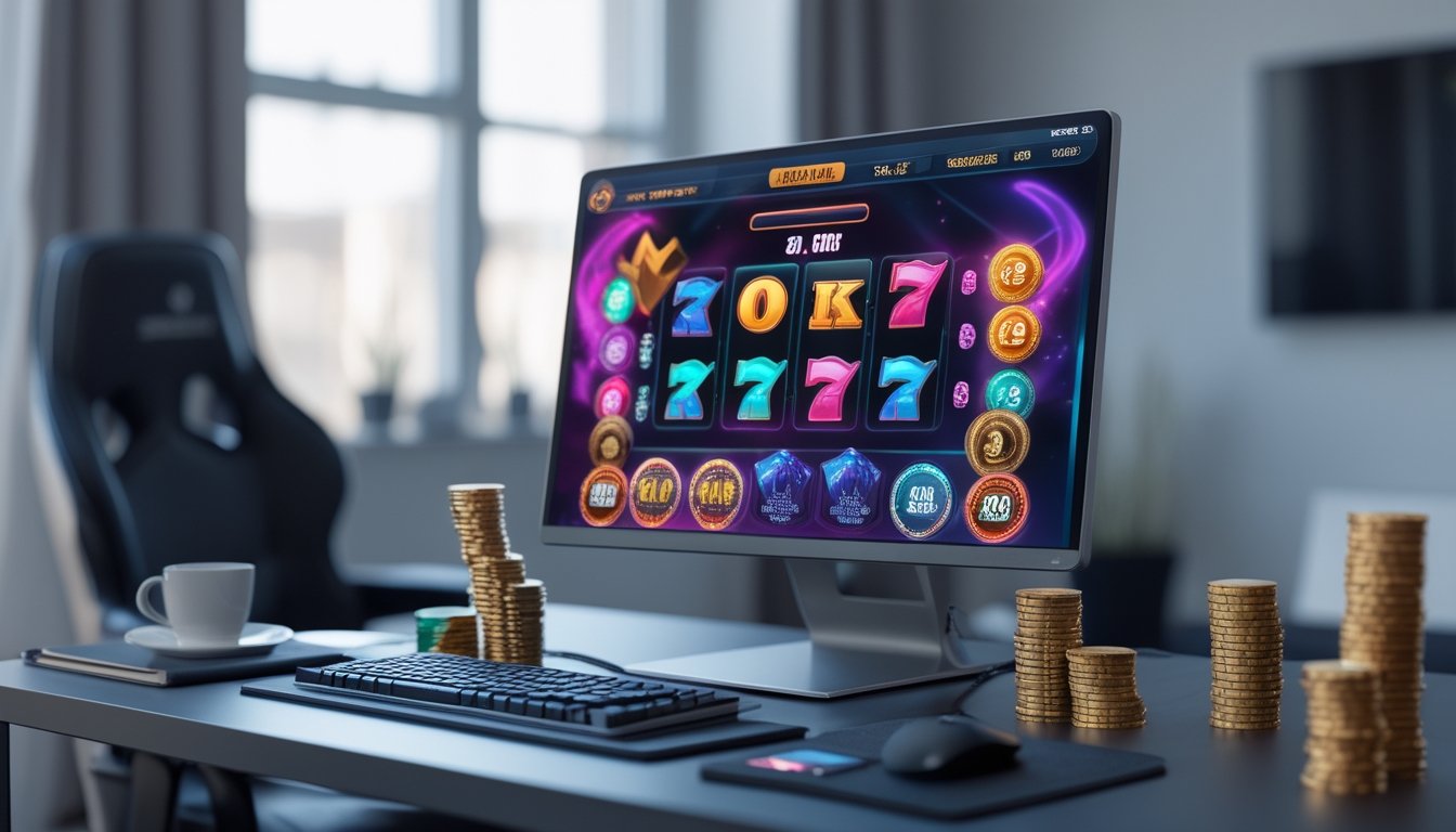 Setup komputer modern dengan layar menampilkan permainan slot online berwarna-warni, dengan koin dan chip poker di sekitar meja.