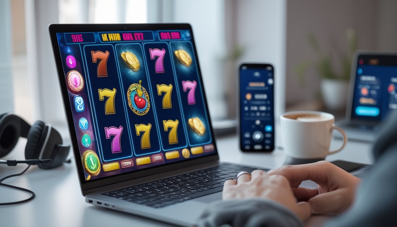 Seorang pengguna sedang melihat layar komputer yang menampilkan permainan slot online dengan simbol buah dan koin di sebuah meja kerja yang rapi.