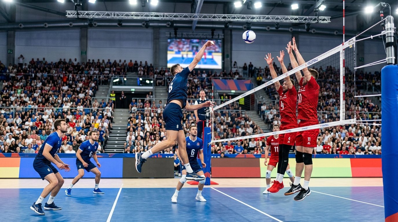 MuĆĄka odbojkaĆĄka utakmica u toku u modernoj sportskoj hali sa igraÄima koji skaÄu i igraju loptom preko mreĆŸe.