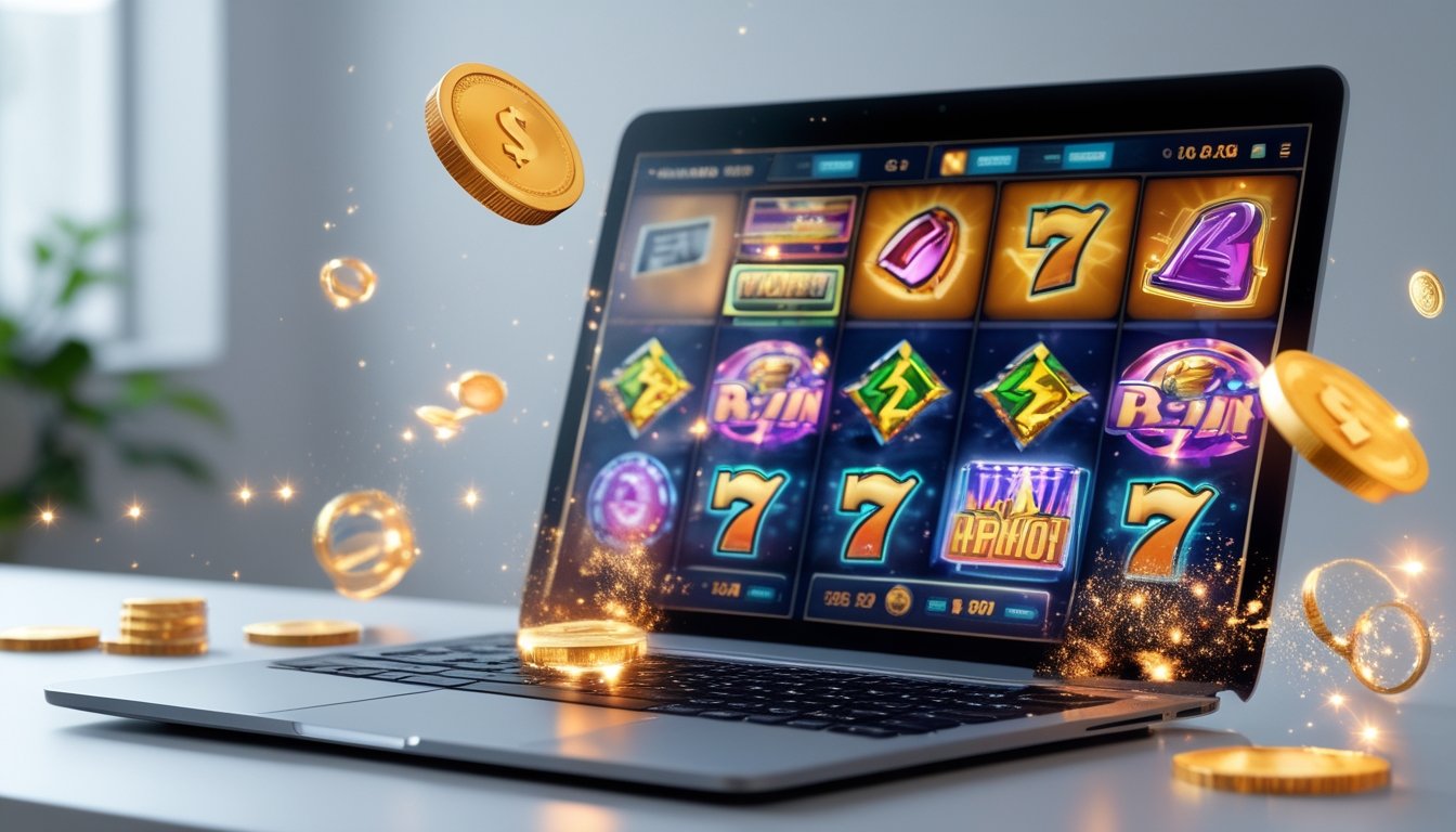 Seorang pengguna bermain permainan slot online dengan komputer yang menampilkan gulungan berwarna-warni dan simbol kemenangan di layar.
