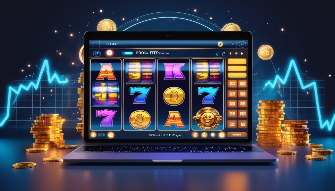 Sebuah layar komputer menampilkan permainan slot online dengan grafik warna-warni dan simbol kemenangan, dikelilingi oleh cahaya dan elemen digital yang menunjukkan kesuksesan permainan.