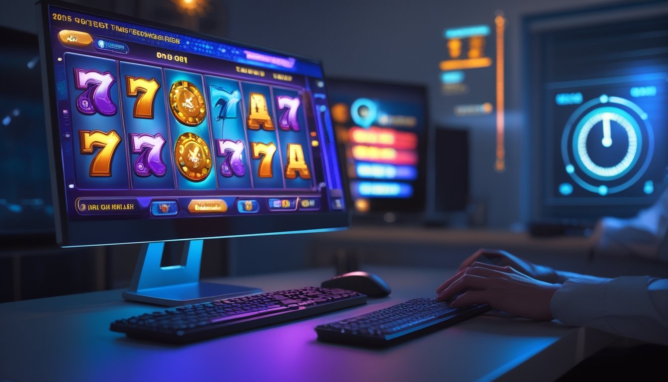 Seorang pemain sedang menggunakan komputer dengan layar menampilkan permainan slot online berwarna-warni di ruang kerja modern.