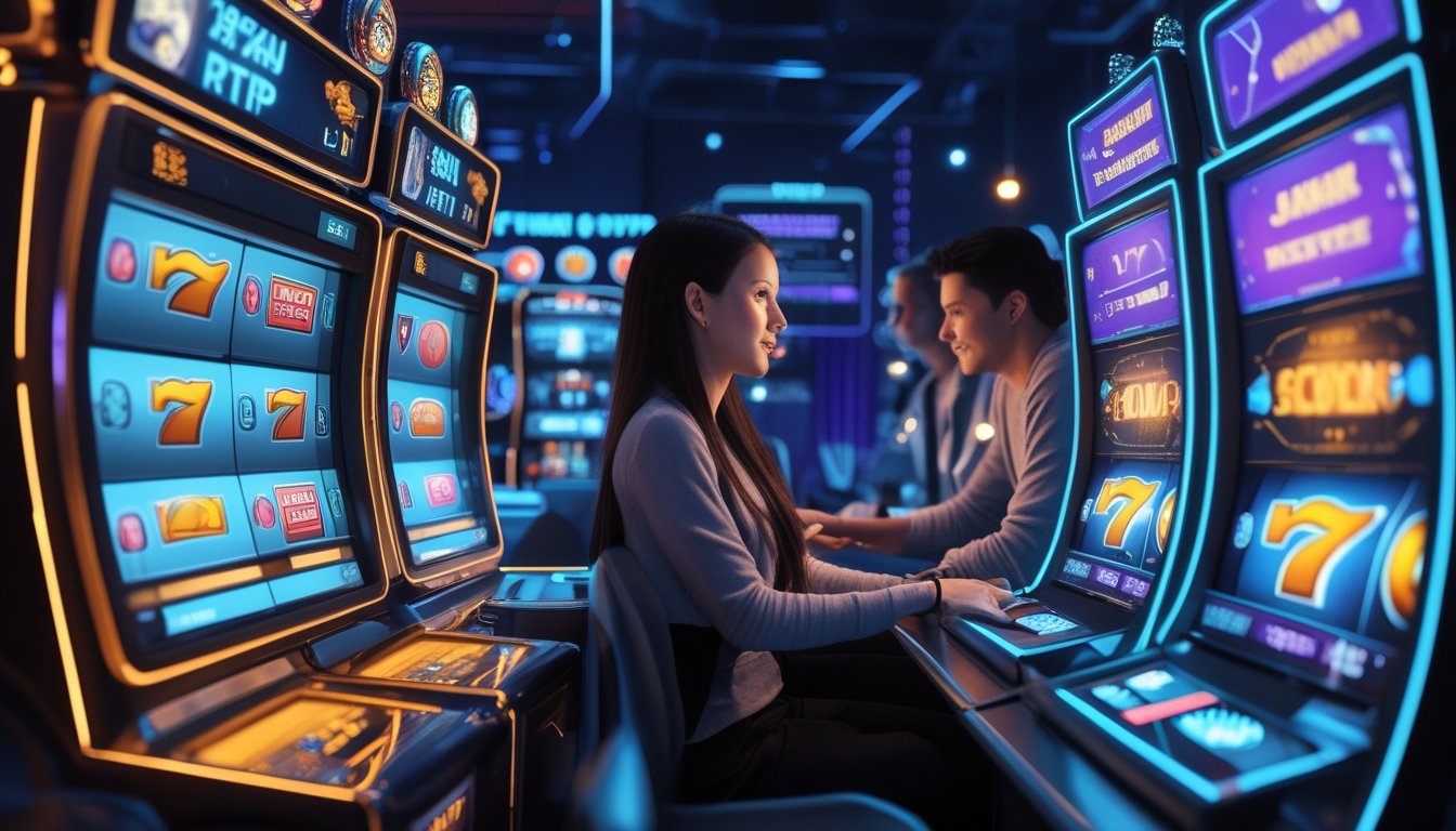Dua mesin slot online berdampingan dengan pemain yang berbeda ekspresi, satu tenang dan satu bersemangat, di lingkungan kasino digital modern.