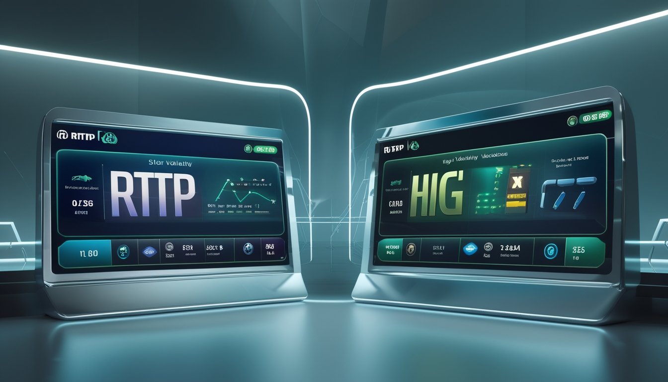 Tampilan antarmuka digital yang menampilkan perbandingan statistik dua permainan slot online dengan latar belakang modern dan elemen grafik seperti diagram dan ikon mesin slot.