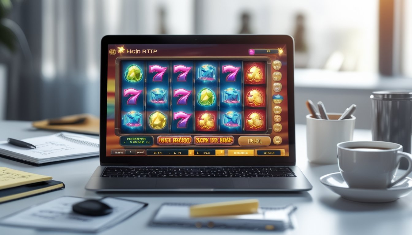 Seorang pria duduk di depan laptop yang menampilkan permainan slot online dengan latar meja kerja yang rapi dan alat tulis.