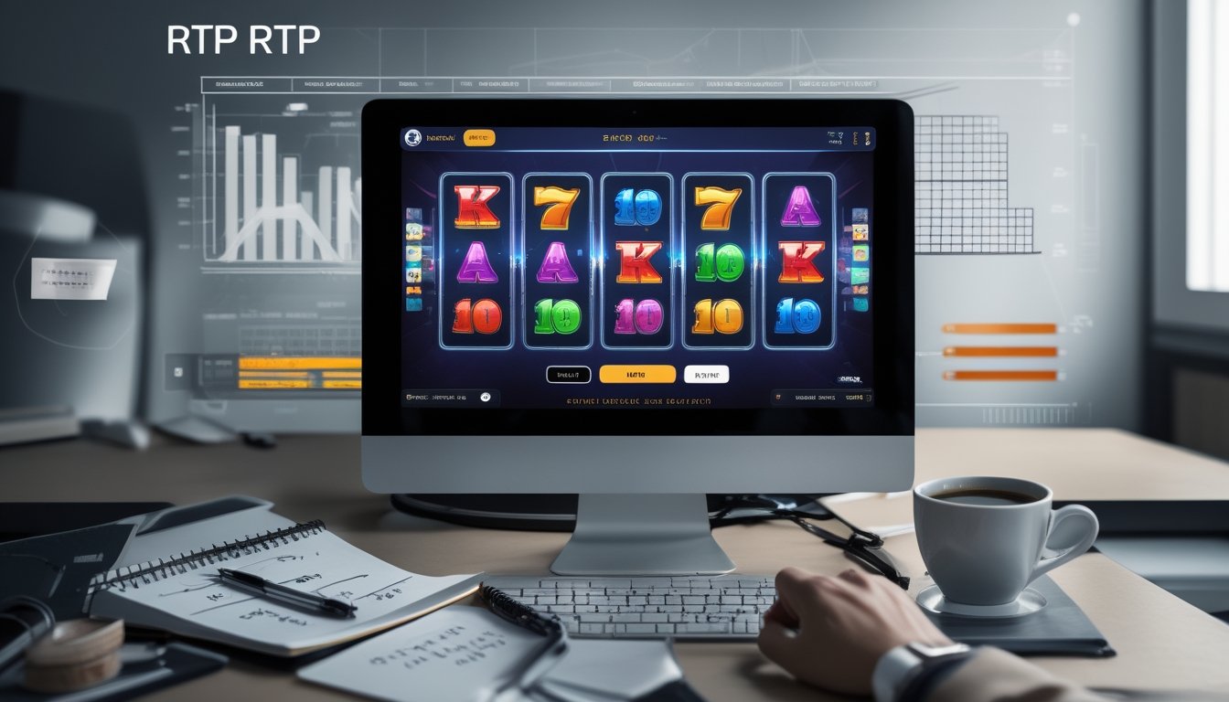 Seorang pemain sedang menggunakan laptop untuk bermain slot online dengan suasana meja kerja yang rapi dan alat tulis di sekitar.